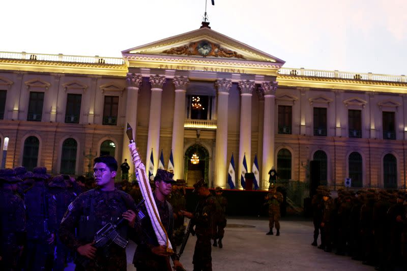 Salvadoran soldiers gather after a ceremony to deploy military personnel to support a security plan in San Salvador