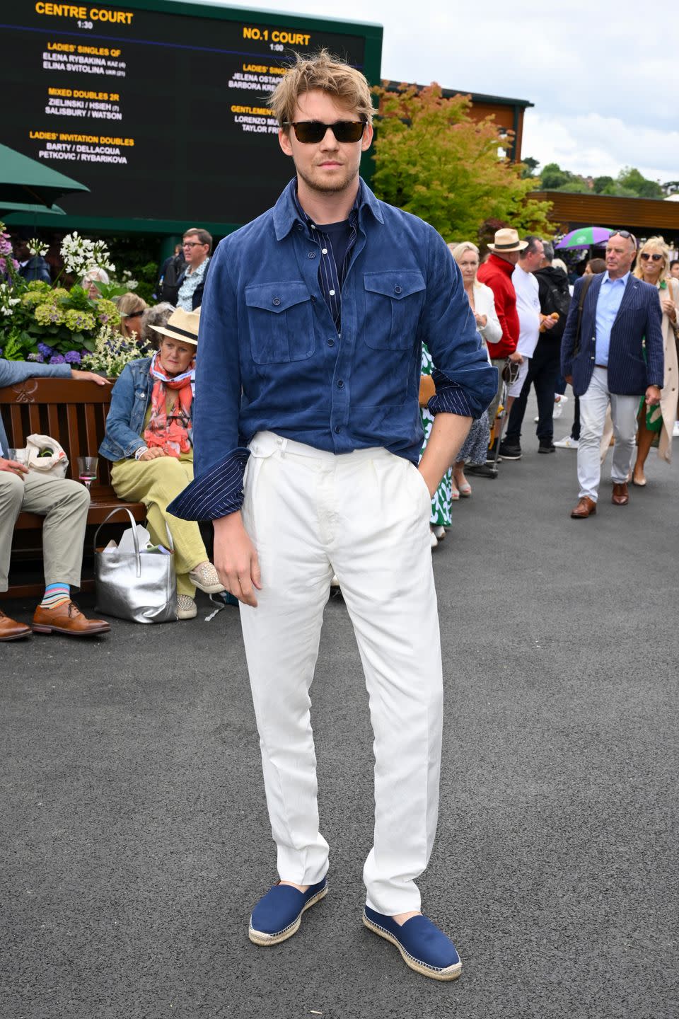 london, england july 10 joe alwyn, wearing ralph lauren, attends the wimbledon tennis championships at the all england tennis and croquet club on at wimbledon on july 10, 2024 in london, england photo by karwai tangwireimage