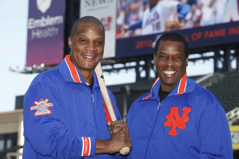 FILE - This Aug. 1, 2010, file photo shows former New York Mets' players Dwight Gooden, right, and Darryl Strawberry posing at Citi Field in New York. ESPN's latest 