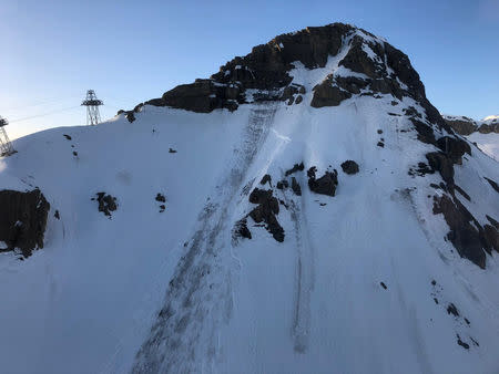 The site of an avalanche is pictured in Crans-Montana, Switzerland, February 19, 2019. Police Cantonale Valaisanne/Handout via REUTERS ATTENTION EDITORS - THIS IMAGE WAS PROVIDED BY A THIRD PARTY