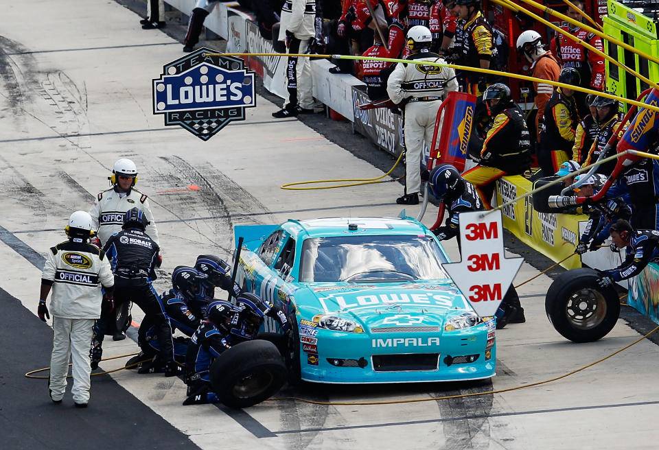 DOVER, DE - JUNE 03: Jimmie Johnson, driver of the #48 Lowe's Madagascar Chevrolet, pits during the NASCAR Sprint Cup Series FedEx 400 benefiting Autism Speaks at Dover International Speedway on June 3, 2012 in Dover, Delaware. (Photo by Rob Carr/Getty Images for NASCAR)