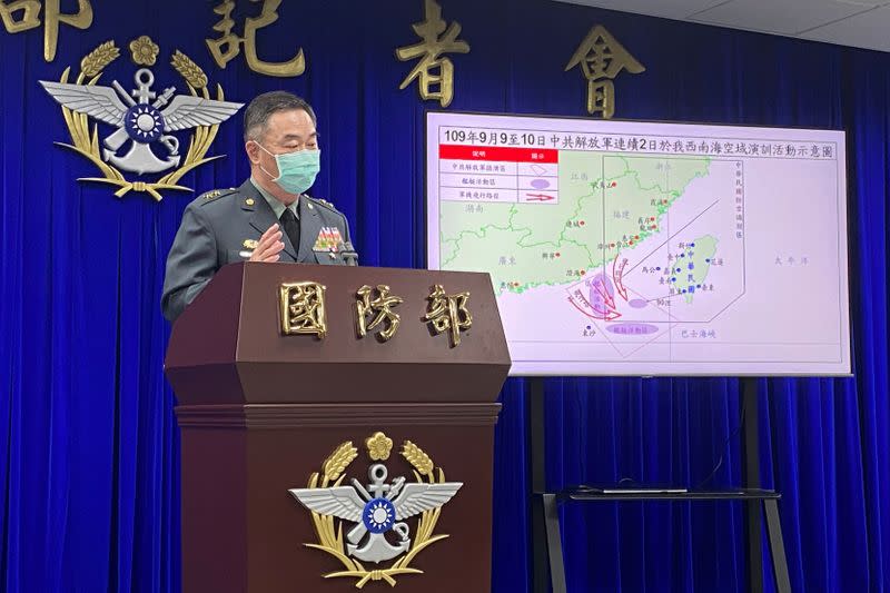 Yeh Kuo-hui speaks at a news conference about Chinese military drills near Taiwan, in Taipei