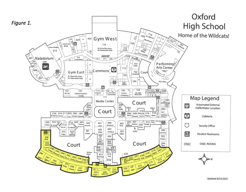 The highlighted portion is the designated area where survivors of the Oxford High School must have been present to receive a portion of donations. More than $2 million has been raised for the families of victims and survivors of the shooting.