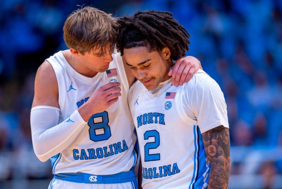 North Carolina’s Paxson Wojcik (8) confers with Elliott Cadeau (2) in the first half on Friday, October 27, 2023 at the Smith Center in Chapel Hill, N.C.
