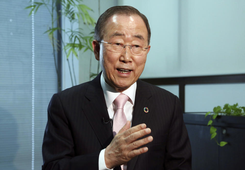 Former U.N. Secretary-General Ban Ki-moon speaks during an interview with the Associated Press in Tokyo, Monday, Dec. 3, 2018. Ban has urged North Korean leader Kim Jong Un to take concrete steps toward complete denuclearization and gain the trust of the international community if he wants sanctions lifted. (AP Photo/Koji Sasahara)