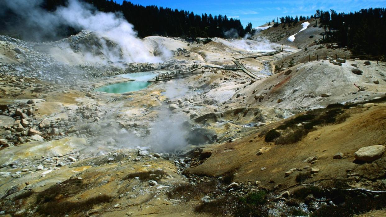 steam rising in bumpass hell lassen volcanic national park, california