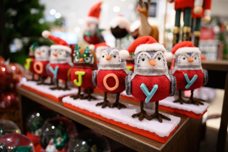 festive items in the Christmas gift and decoration section in the branch of retailer Marks and Spencer at Westfield White City on October 20, 2020 in London, England. The high street store has announced that searches for Christmas-related items have tripled on previous years. The British Retail Consortium (BRC) has launched a new “Shop early, Start wrapping, Enjoy Christmas” national campaign, encouraging British consumers to start their festive shopping early. The aim is to both spread the amount of footfall in stores to aid social distancing, and to ensure that retail stores survive the Christmas period, despite COVID-19 preventative measures. (Photo by Leon Neal/Getty Images)
