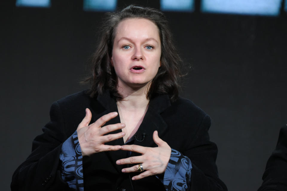 Samantha Morton appears on stage during the "The Last Panthers" panel at the AMC 2016 Winter TCA on Friday, Jan. 8, 2016, in Pasadena, Calif. (Photo by Richard Shotwell/Invision/AP)