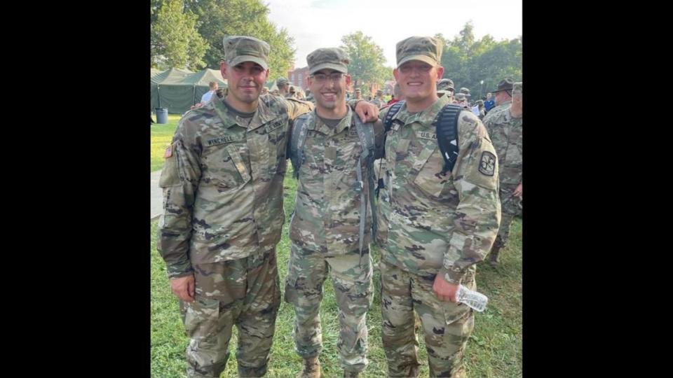 Austin Salyer (middle), from Flower Mound, was part of the ROTC program at Texas State University. He signed a contract in 2021 with the Army as an officer days before he was negligently shot in his sleep.