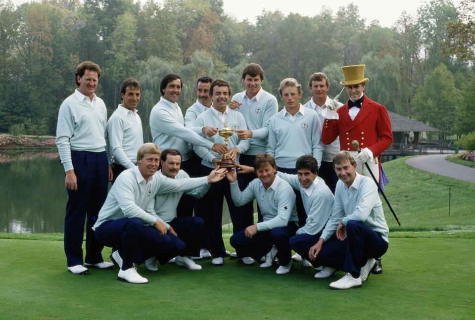 The winning Great Britain and Europe team in no order of Howard Clark, Sam Torrance, Ken Brown, Bernhard Langer, Severiano Ballesteros, Jose-Maria Olazabal, Jose Rivero, Gordon Brand Jnr, Nick Faldo, Ian Woosnam, Sandy Lyle and Eamonn Darcy during the 27th Ryder Cup Matches on 27 September 1987at the Muirfield Village in Dublin, Ohio, USA. (Photo by Simon Bruty/Getty Images)