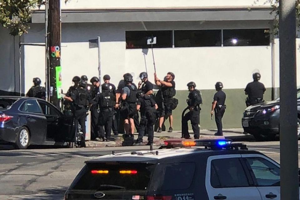 The scene outside a Trader Joe's in L.A.'s Silver Lake neighborhood after a gunman took hostages there on Saturday, according to police.