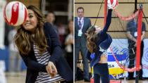 <p> In October 2013, Kate Middleton attended a Sportaid Athlete Workshop at Queen Elizabeth Olympic Park. </p> <p> While she was not dressed for sport, wearing a chic, Parisian inspired breton striped top, a navy-blue military blazer by Smythe, jeggings, and Stuart Weitzman for Russell and Bromley wedges, it didn't stop the Duchess from throwing herself in 100%. </p> <p> She's known to be competitive, which could be part of the reason behind her maximum efforts, but this was also one of her first official appearances since having Prince George earlier that summer. So maybe she was keen to prove to herself that she was still as active. </p>