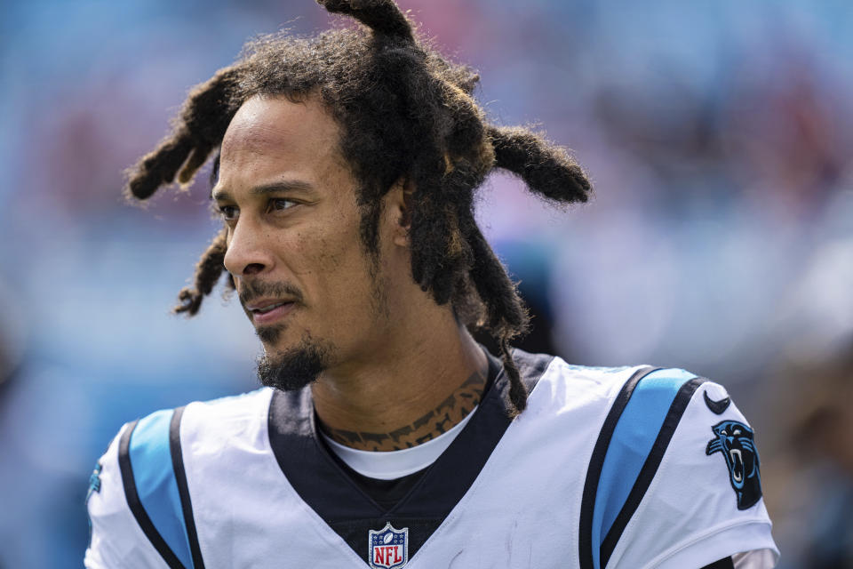 Carolina Panthers wide receiver Robbie Anderson (3) looks on before an NFL football game against the San Francisco 49ers on Sunday, Oct. 9, 2022, in Charlotte, N.C. (AP Photo/Jacob Kupferman)