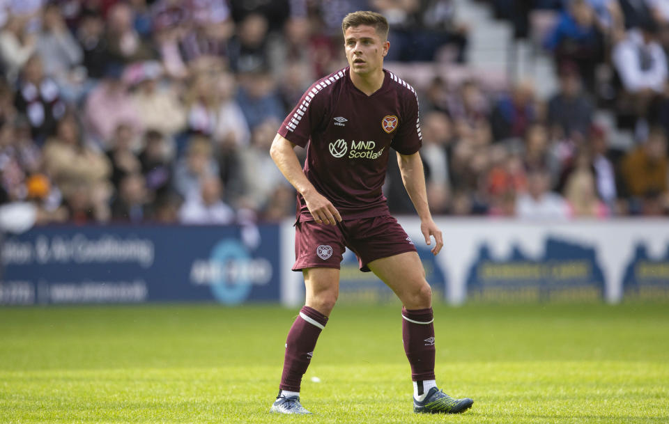 EDINBURGH, SCOTLAND - JULY 30: Cameron Devlin in action for Hearts during a pre-season friendly between Heart of Midlothian and Leeds United at Tynecastle, on July 30, 2023, in Edinburgh, Scotland. (Photo by Ross MacDonald / SNS Group)