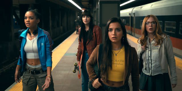 <p>Columbia Pictures</p> Celeste O'Connor, Dakota Johnson, Isabela Merced, and Sydney Sweeney in 'Madame Web'