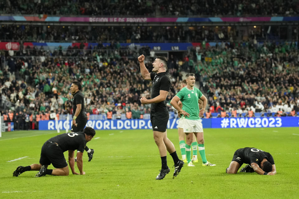 New Zealand's Will Jordan reacts as his side win the Rugby World Cup quarterfinal match between Ireland and New Zealand at the Stade de France in Saint-Denis, near Paris Saturday, Oct. 14, 2023. New Zealand won the game 28-24. (AP Photo/Christophe Ena)