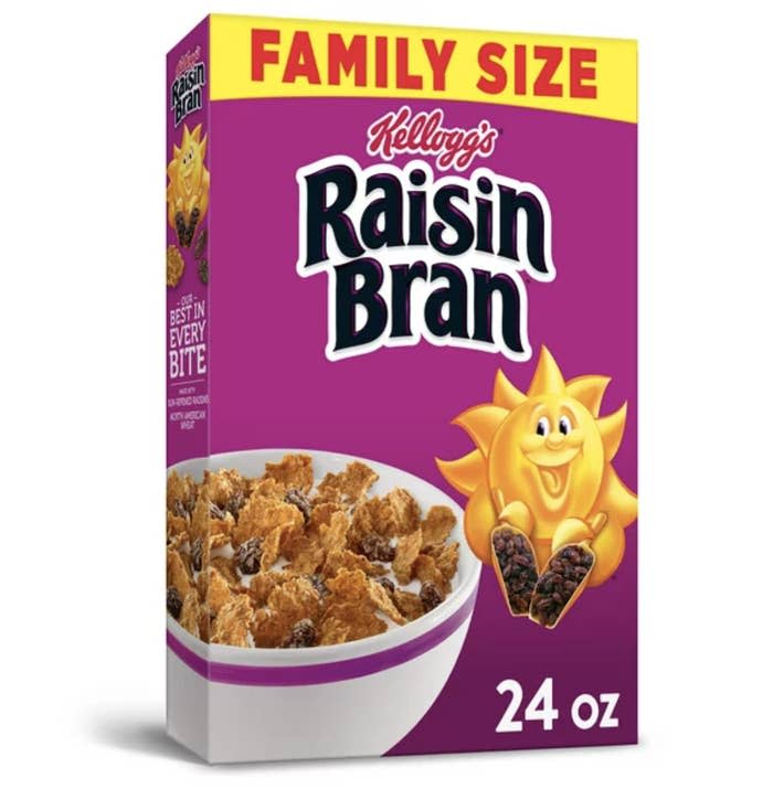 Box of Raisin Bran with sun not wearing glasses