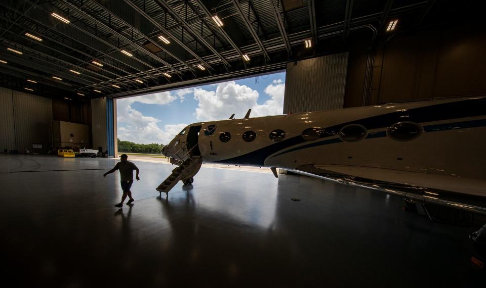 The NOAA hurricane hunter Gulfstream - IV nicknamed Gonzo is being prepared in their hangar after engine testing at NOAA's Aircraft Operations Center at Lakeland Linder Airport in Lakeland. NOAA crews are preparing their aircraft for the upcoming hurricane season. ERNST PETERS/ THE LEDGER