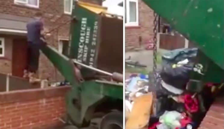 Payback: The skip company poured back the customer's rubbish when she refused to pay (YouTube/Velven Havi)