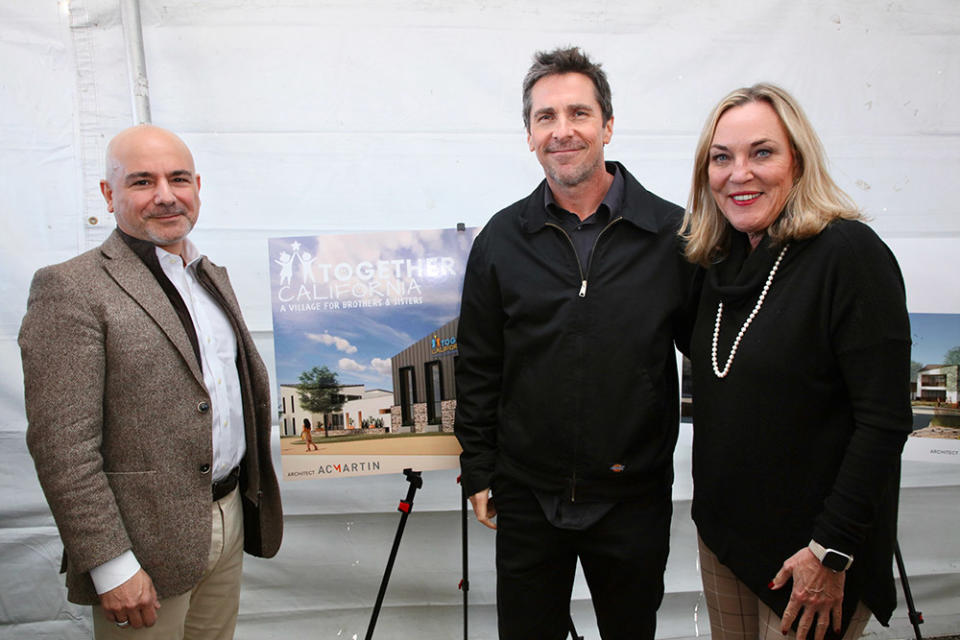 Mayor of Palmdale Austin Bishop, Christian Bale and Kathryn Barger, LA County Supervisor District 5, attend Together California's Foster Care Center Ground Breaking event on February 07, 2024 in Palmdale, California.