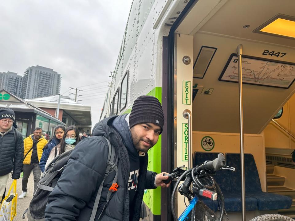 Grewal says being able to take his e-bike to Toronto to work with Uber Eats on the GO train helps him "survive" as he hasn't been able to find a job for the past four months.