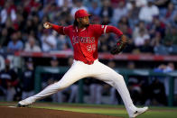 Los Angeles Angels starting pitcher Jose Soriano throws to a Minnesota Twins batter during the first inning of a baseball game Saturday, April 27, 2024, in Anaheim, Calif. (AP Photo/Ryan Sun)