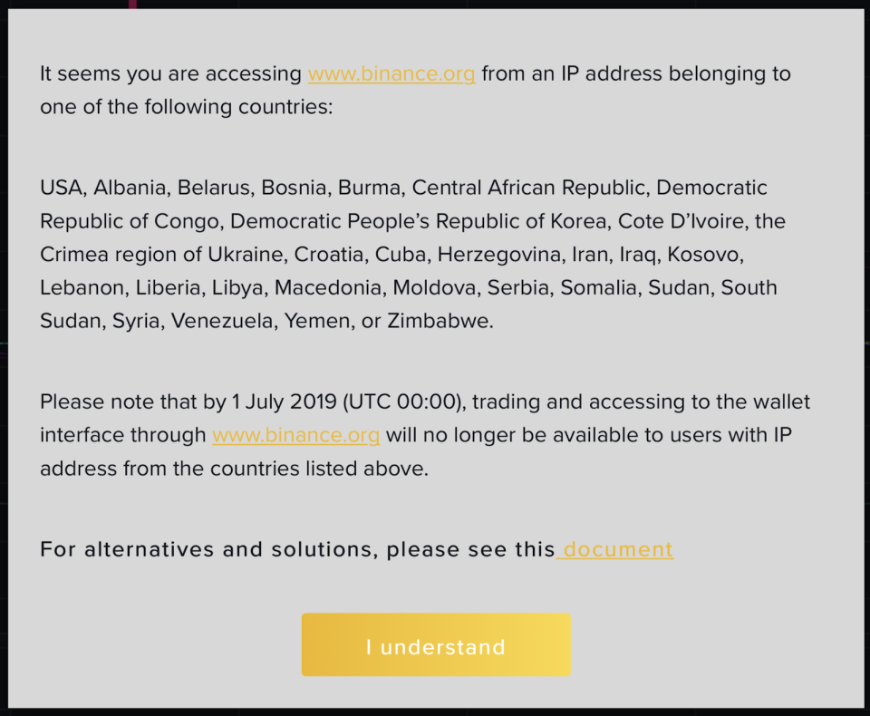 Pop-up when accessing binance.org from within the U.S.