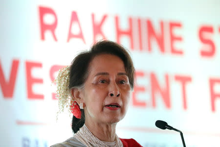 Myanmar's State Counsellor Aung San Suu Kyi delivers a speech at Rakhine State Investment Fair at Ngapali beach in Thandwe, Rakhine, Myanmar February 22, 2019. REUTERS/Ann Wang