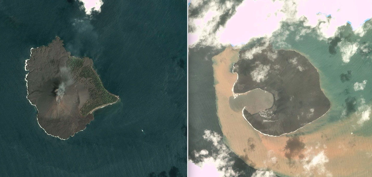 <em>The collapse of the Anak Krakatau volcano can clearly be seen on the right, compared to before the eruption (left) (Planet Labs Inc)</em>