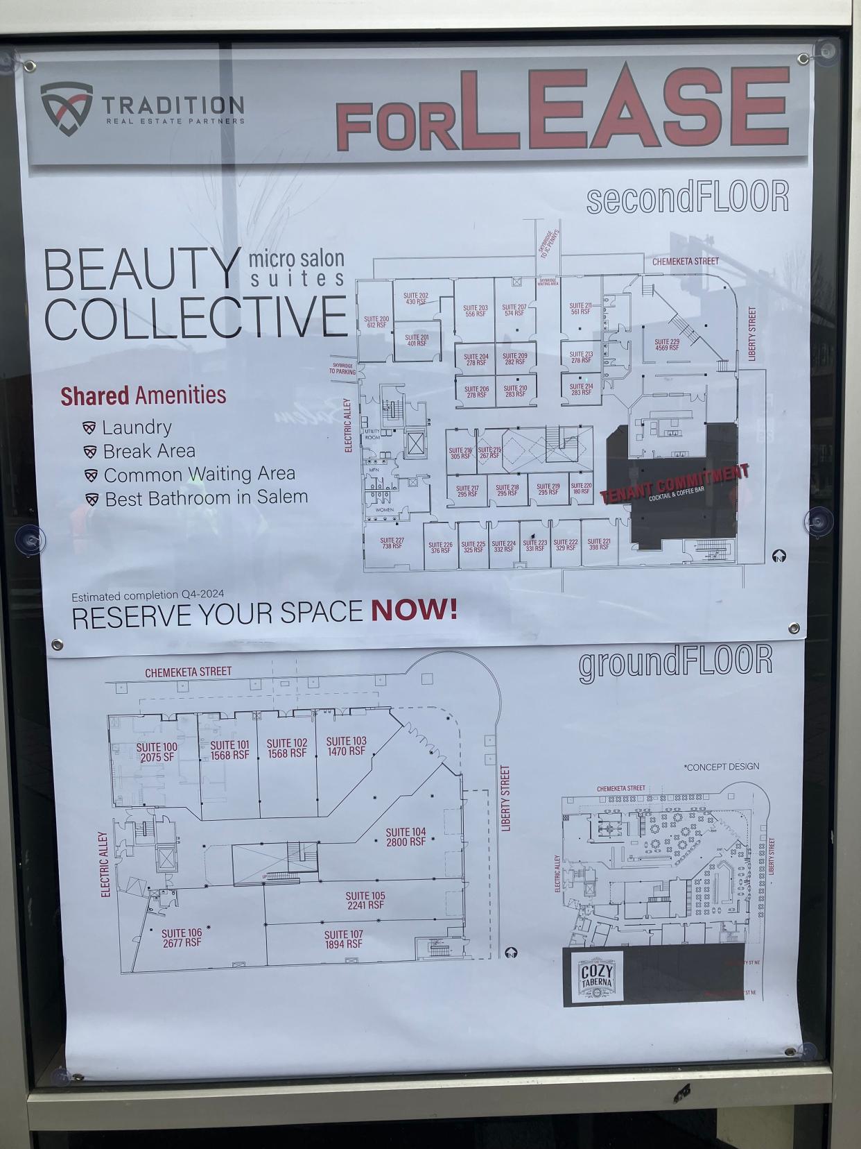 Floor plans for the Forge, the building previously known as Liberty Plaza, show a second floor beauty collective micro-salon space and a first floor of possible retail, restaurant and cafe spots for lease.