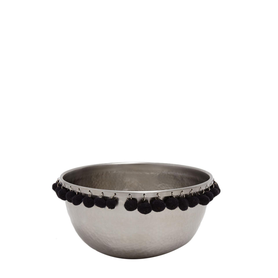 <p><a rel="nofollow noopener" href="https://www.zarahome.com/us/tableware/bowls/handmade-metal-tassel-bowl-c1020031244p300034411.html" target="_blank" data-ylk="slk:Handmade Metal Tassel Salad Bowl;elm:context_link;itc:0;sec:content-canvas" class="link ">Handmade Metal Tassel Salad Bowl</a>, $23</p>