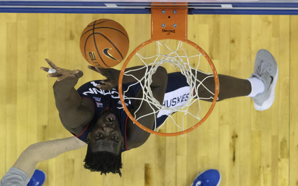 FILE - UConn's Adama Sanogo shoots against Creighton during the first half of an NCAA college basketball game on Saturday, Feb. 11, 2023, in Omaha, Neb. Sonogo was selected to The Associated Press All-Big East team in voting released Tuesday, March 7, 2023. (AP Photo/Rebecca S. Gratz, File)