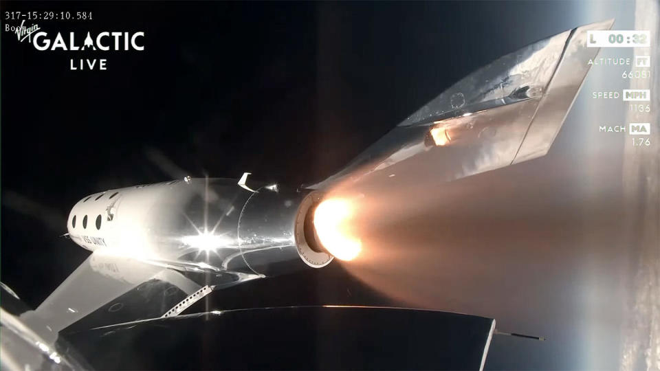 Virgin Galactic's Unity rocket plane streaks toward space Thursday, carrying three Italian researchers and three company employees to an altitude of 52.9 miles, nearly three miles higher than the 50-mile altitude considered the threshold of space. / Credit: Virgin Galactic