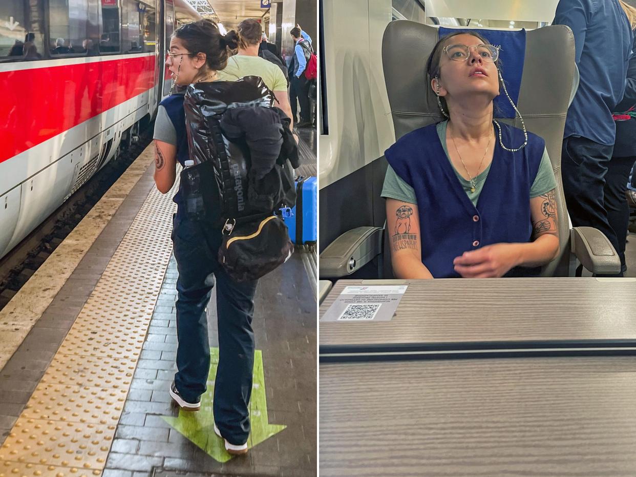 Two images: Left: The author walks next to a train wearing a big backpack. Right: The author sits in a train seat stretching her neck