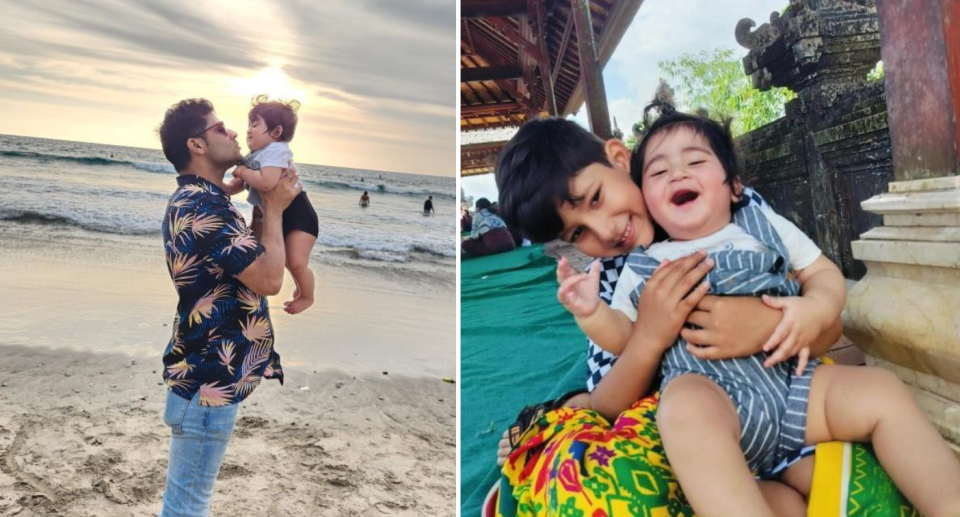 Piryatam Nayak holds up baby Viraaj (left) and Viraaj is pictured with his older brother (right).