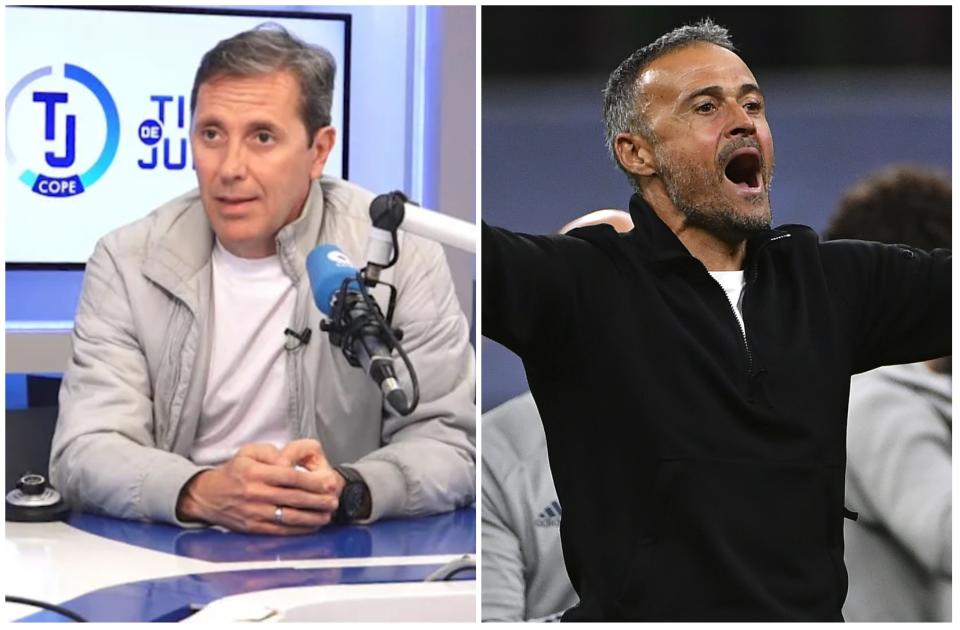 Paco González, periodista de la Cadena Cope, y Luis Enrique celebrando el triunfo de España ante Italia en la Nations League. (Foto: COPE / Isabella Bonotto / Anadolu Agency / Getty Images).