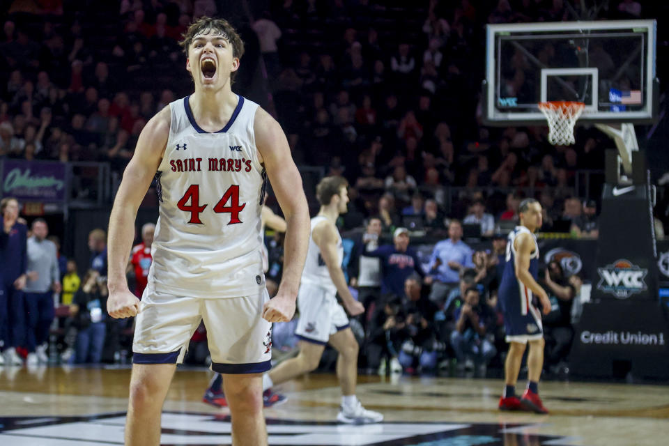 Saint Mary's guard Alex Ducas (44) celebrates during the second half of the team's NCAA college basketball game against Gonzaga for the championship of the West Coast Conference men's tournament Tuesday, March 12, 2024, in Las Vegas. (AP Photo/Ian Maule)