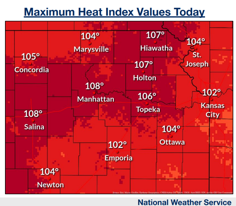 The National Weather Service's Topeka office early Friday morning put out this graphic showing what anticipated maximum heat index values would be that day in northeast Kansas.