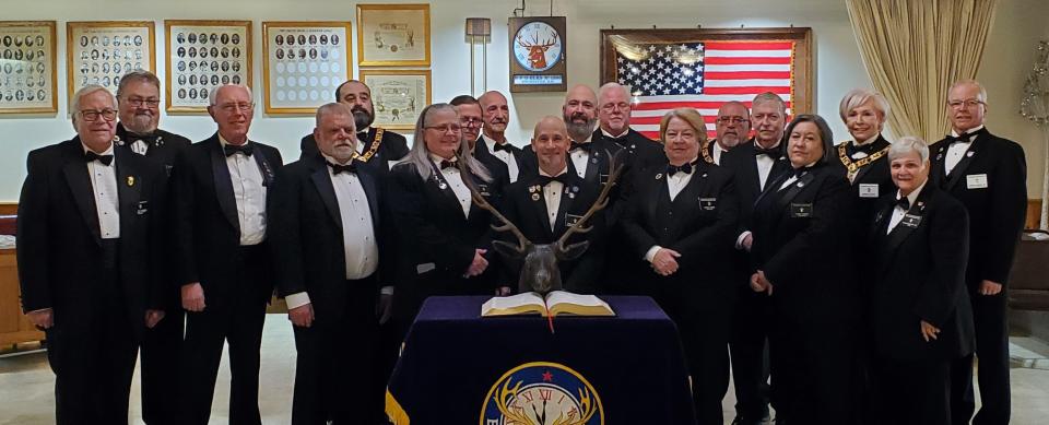 From left to right in first row are Don Chesnel, PER, PDD, PSP, PGLC, Lodge Esquire; Norman Gervais, PER, Lodge Secretary; Keith Brooks, Esteemed Lecturing Knight; Deanna Souza, Esteemed Leading Knight; Peter Ducharme, Exalted Ruler; Janice Tagen, Chaplain; Cindy Skidds, Treasurer; Jeanne Bernard, PER, Tiler. From left to right in the second row are Mark Guilmett, PER; Scott Welch, PER, PDD, SVP; Jeff Rasmussen, Esteemed Loyal Knight; Matthew Sanborn, PER, Lodge Trustee; Harry Tagen, Inner Guard; Bonnie Skidds, PER, Lodge Trustee and Jerry Skidds, PER, PDD. From left to right in the third row are Thomas Ducharme, PER, Lodge Trustee; Peter Meyer, Lodge Trustee and James Clark, PER and Lodge Trustee.