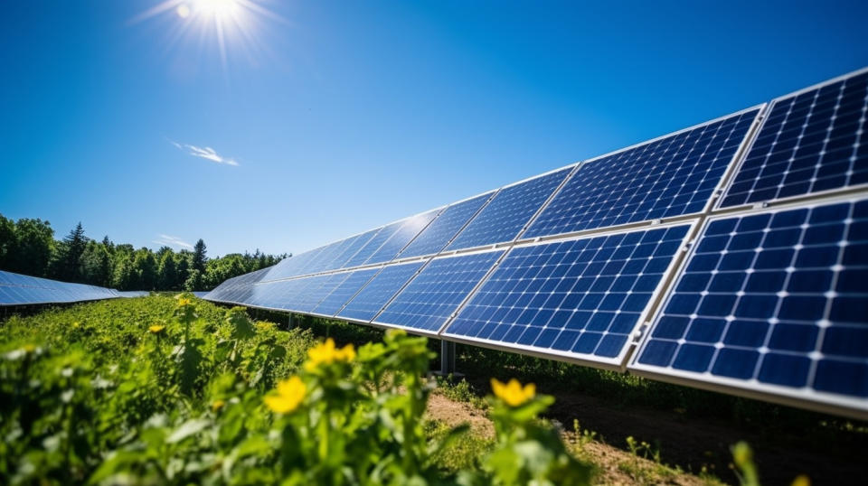 A photovoltaic solar module array with a clear blue sky overhead and a hint of green foliage in the backdrop.