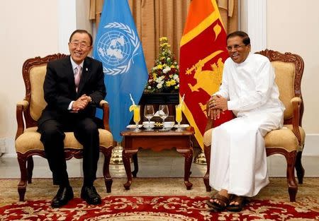 Secretary-General of the United Nations Ban Ki-moon (L) shares a moment with Sri Lanka's President Maithripala Sirisena at their meeting during Ban's three-day official visit, in Colombo, Sri Lanka, September 1, 2016. REUTERS/Dinuka Liyanawatte