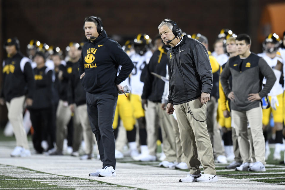 Brian Ferentz (left) has been Iowa's offensive coordinator since 2016. The Hawkeyes scored 19 offensive TDs in 13 games in 2022. (Photo by Michael Allio/Icon Sportswire via Getty Images)