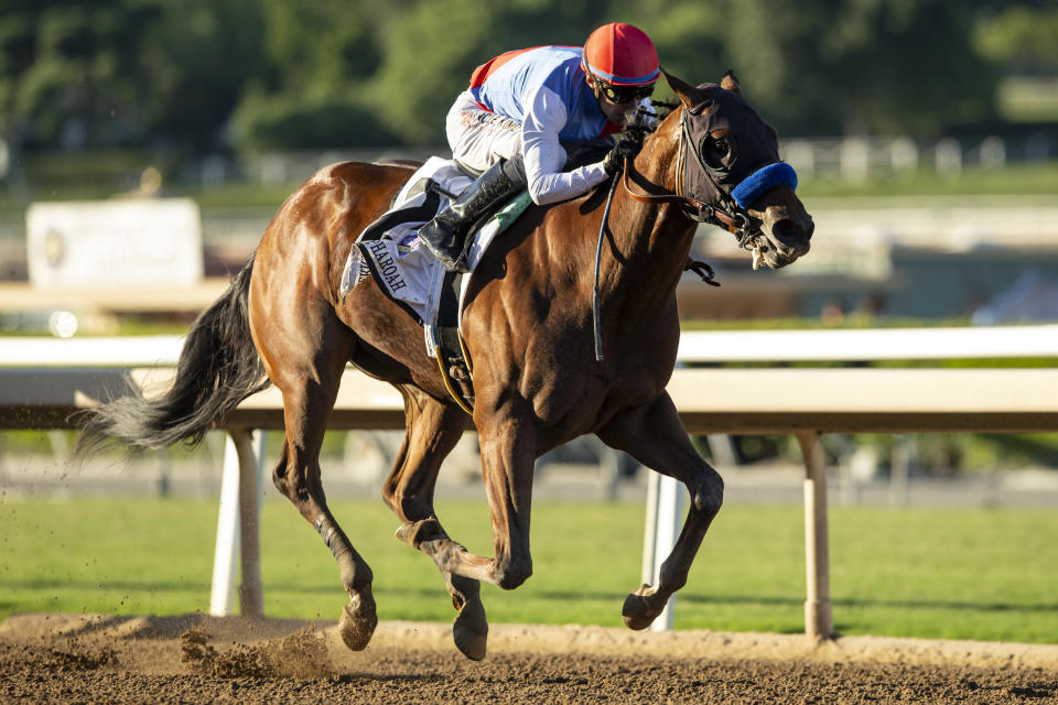 FILE - In a photo provided by Benoit Photo, Muth, ridden by jockey Juan Hernandez, wins the Grade I, $300,000 American Pharoah Stakes horse race Saturday, Oct. 7, 2023, at Santa Anita in Arcadia, Calif. A Kentucky appeals court judge on Wednesday, April 24, 2024, has denied Zedan Racing Stables’ requests for an emergency hearing and ruling that sought to allow Bob Baffert-trained Arkansas Derby winner Muth to run in next week’s Kentucky Derby at Churchill Downs. (Benoit Photo via AP, File)