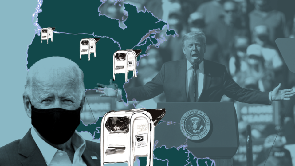 Ilustración que muestra a Donald Trump en un mitin, Joe Biden con una mascarilla y cajas de votación