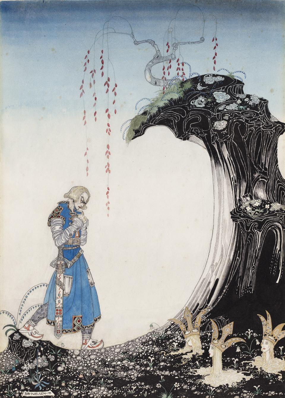 Illustration from East of the Sun and West of the Moon.
Kay Nielsen, 1914.  Transparent and opaque watercolor, pen and brush and ink, metallic paint, over graphite.
Promised gift of Kendra and Allan Daniel.