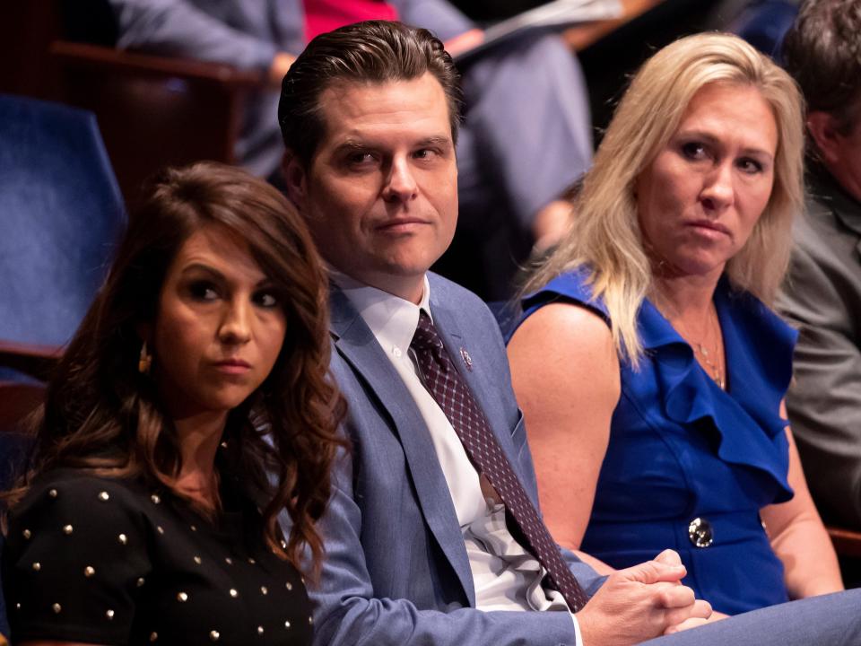 Rep. Lauren Boebert (R-CO), Rep. Matt Gaetz (R-FL) and Rep. Marjorie Taylor Greene (R-GA) attend a House Judiciary Committee hearing with testimony from U.S. Attorney General Merrick Garland at the U.S. Capitol on October 21, 2021 in Washington, DC.