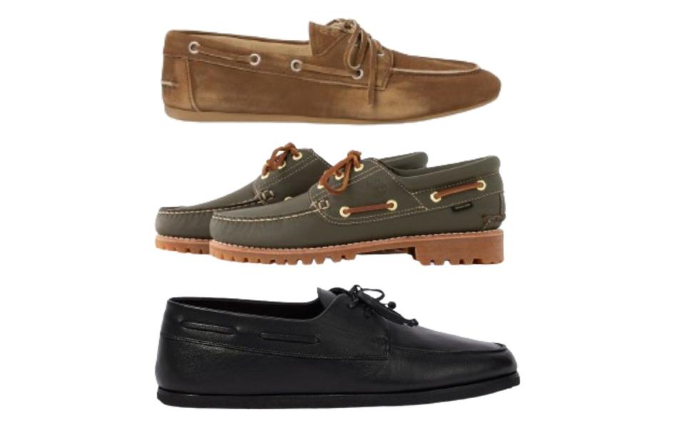 Leather lug sole, £225, Aimé Leon Dore x Timberland;  Pale suede, £660, Miu Miu;  The Row Sailor leather loafers, £950, My Theresa