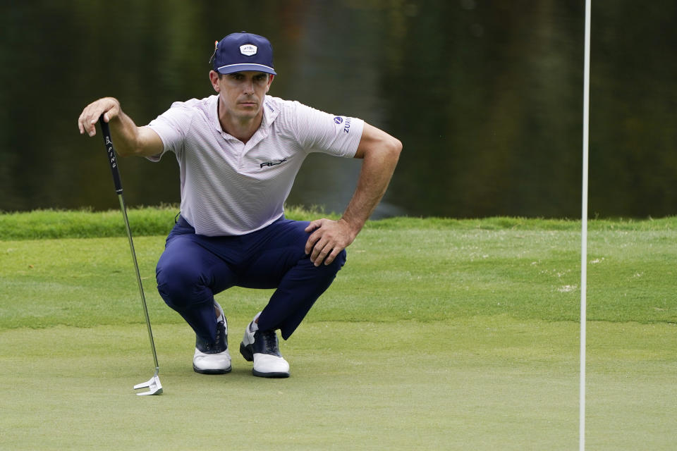 Billy Horschel lines up a putt on the 15th hole during the second round of the Wyndham Championship golf tournament at Sedgefield Country Club on Friday, Aug. 14, 2020, in Greensboro, N.C. (AP Photo/Chris Carlson)