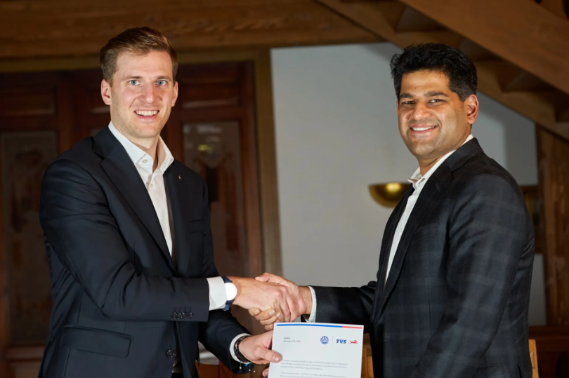 Lorenz Frey-Hilti, Director Emil Frey Group & Sudarshan Venu, Managing Director, TVS Motor Company announcing the partnership