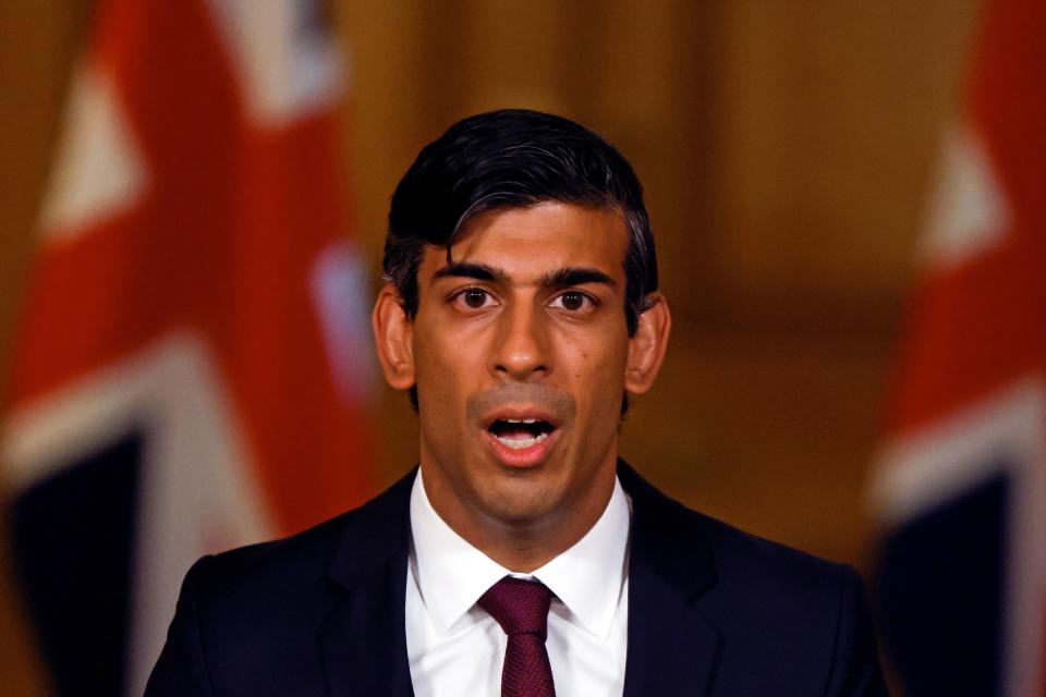 Britain's Chancellor of the Exchequer Rishi Sunak hosts a remote press conference to update the nation on his economic measures announced today during the covid-19 pandemic, inside 10 Downing Street in central London on September 24, 2020. - Britain on Thursday launched a coronavirus winter battle plan to protect jobs and boost the fragile economy, after surging infections sparked fresh nationwide measures to slow the spread. (Photo by JOHN SIBLEY / POOL / AFP) (Photo by JOHN SIBLEY/POOL/AFP via Getty Images)